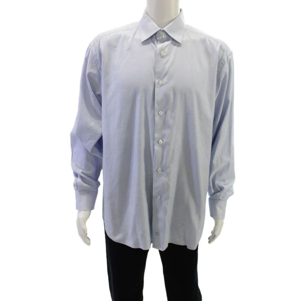 David Donahue Mens Cotton Mini Geometric Print Button Down Shirt Blue Size 35